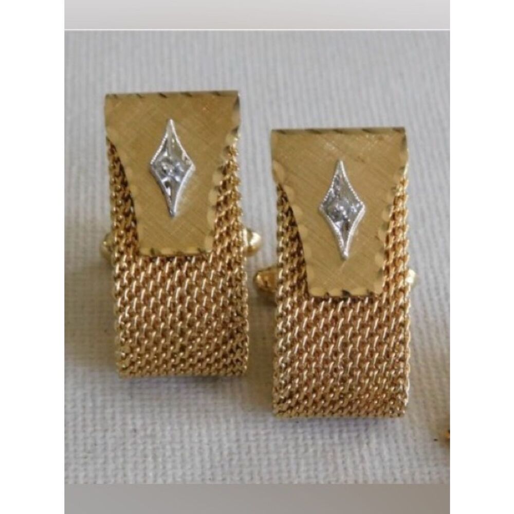Vintage Anson Gold Tone Mesh Cufflinks Diamond Accent Wrap Style Mid century